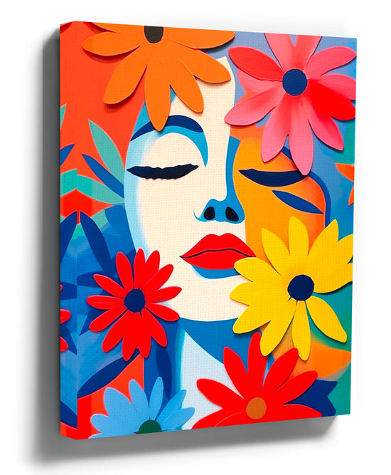 Multicolored pop art floral female face canvas wall art