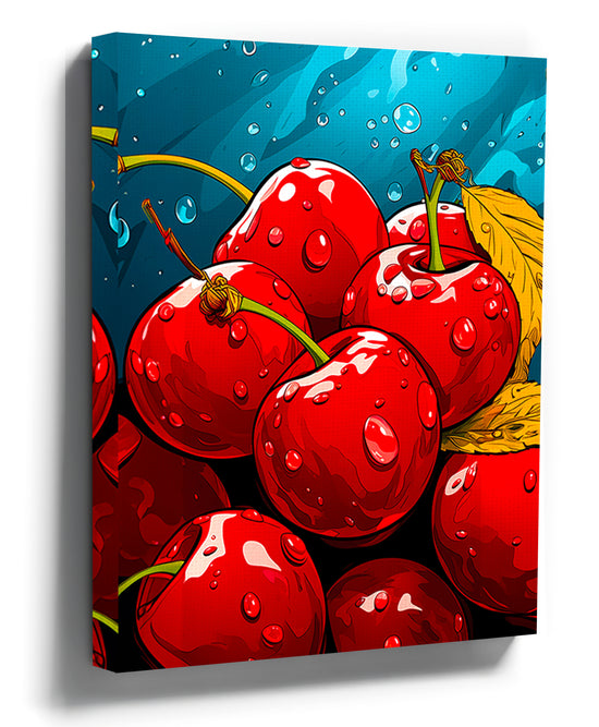 decorative kitchen canvas featuring red cherries in a bright, white kitchen