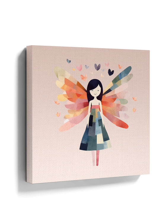 Magical fairy wall art with multicolored wings in a soft pastel illustration