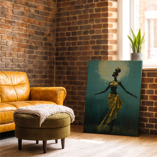 African dancer wall art with a sacred aura for industrial living room decor