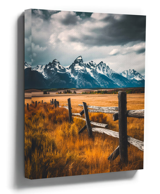 Snowy mountain landscape wall art with a wooden fence, living room decor