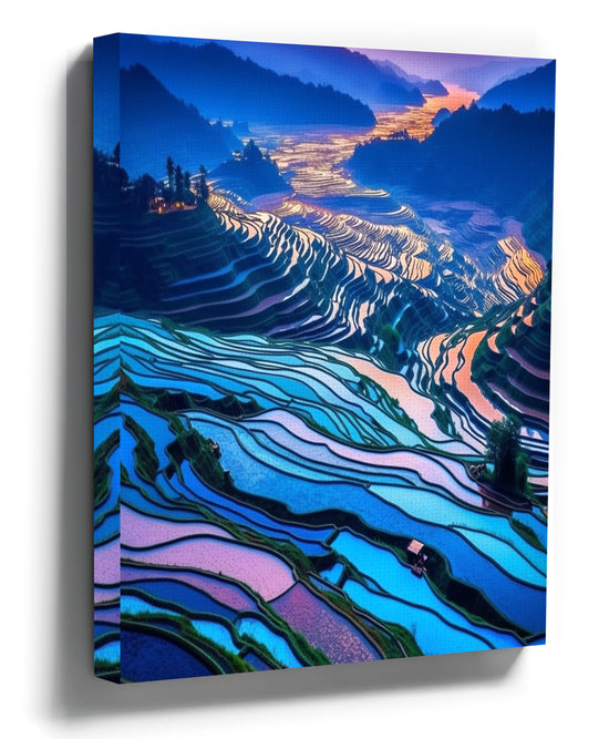 Guangxi terraced rice fields canvas wall art in blue, purple, and green
