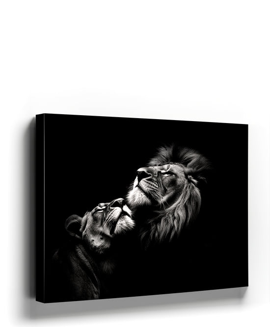 Black and white lion and lioness canvas print for a minimalist bedroom