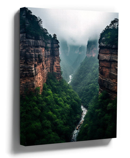 Misty canyon river wall art print for minimalist living room decor