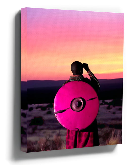 African warrior with pink shield at sunset – photographic wall art
