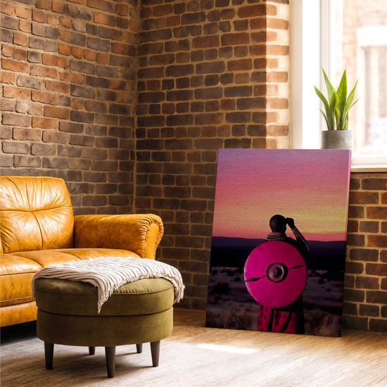 African warrior at sunset canvas wall art for industrial living room with brick walls and camel leather sofa