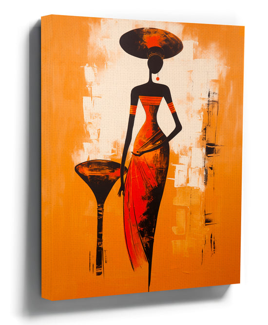 Stylized African woman silhouette wall art, contemporary orange and red painting