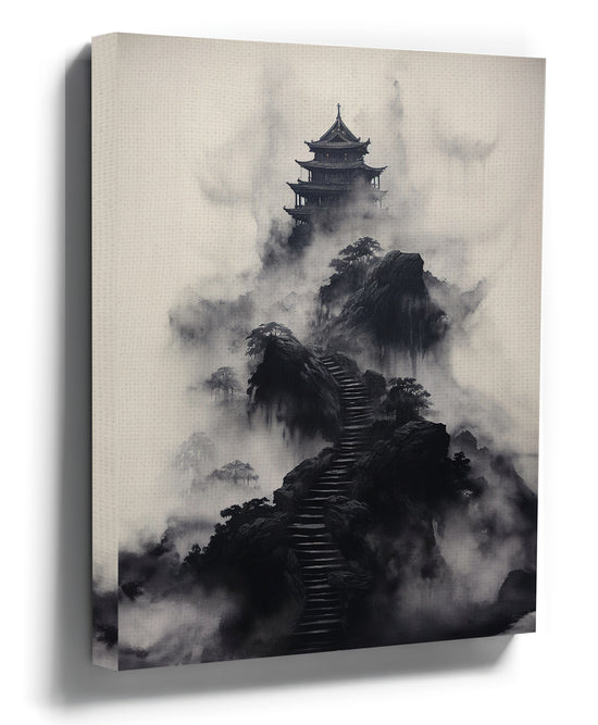 Misty mountain temple Chinese ink painting with stone staircase, black and white landscape wall art