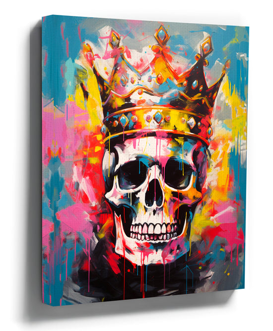 Crowned skull graffiti-style street art canvas in vibrant colors