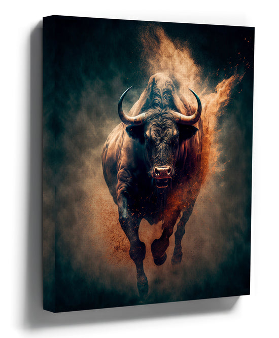 Charging bull canvas wall art with smoke effect for industrial living room decor