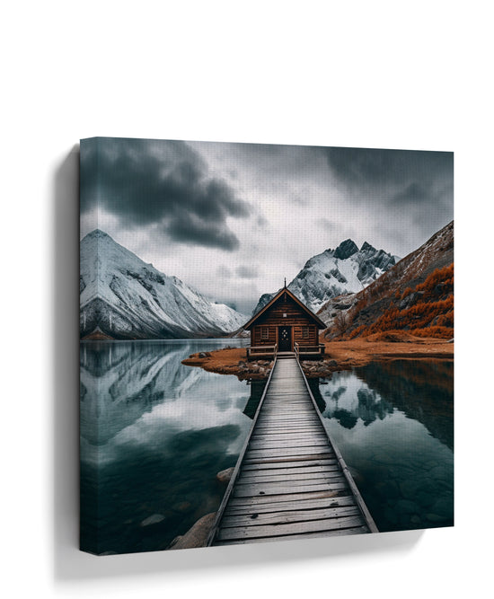 Alpine lake cabin with wooden pier and snow-capped mountains — landscape photography wall art print