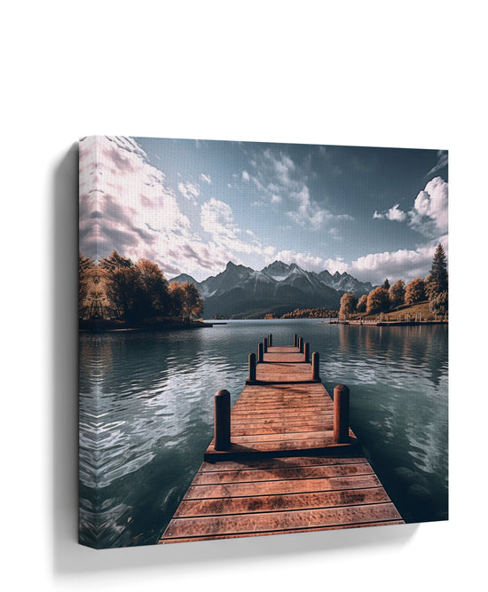 Mountain lake dock wall art for minimalist living room decor
