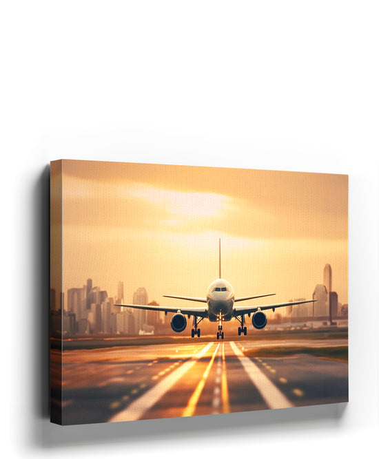 Urban sunset airplane canvas wall art with city skyline – industrial living room decor
