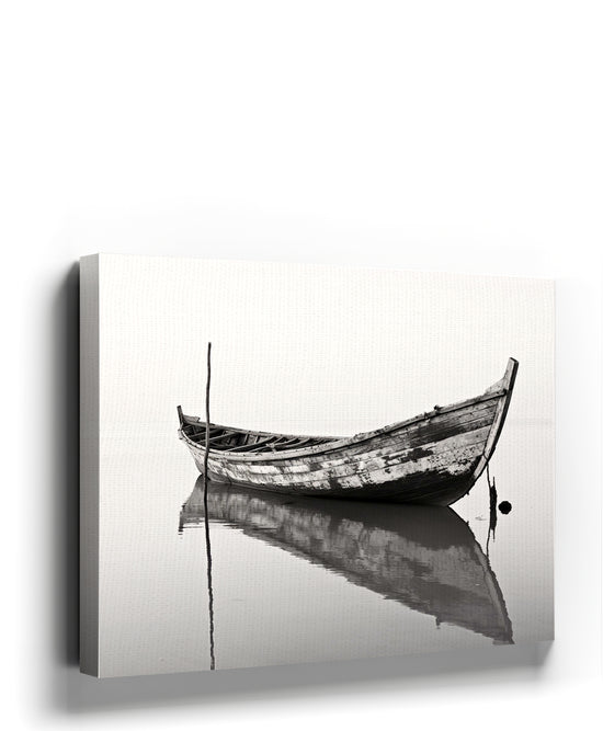 Black and white boat with reflection – minimalist living room wall art