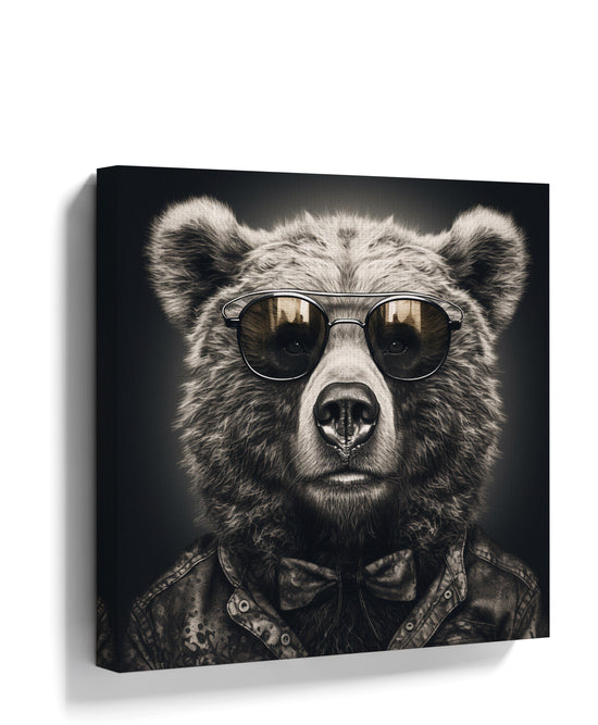 Black and white bear with glasses and bow tie canvas wall art print