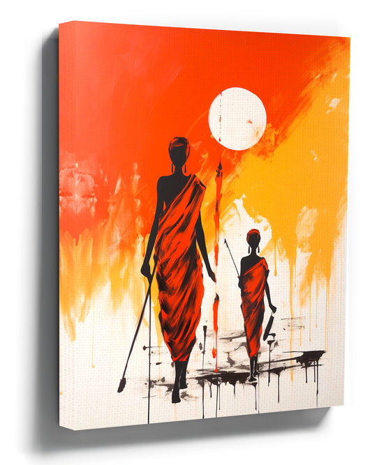 Orange acrylic canvas depicting two African silhouettes at sunrise, bold black figures beneath a glowing sun — African wall art