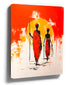 African sunset canvas art with two silhouettes, acrylic painting in warm orange tones