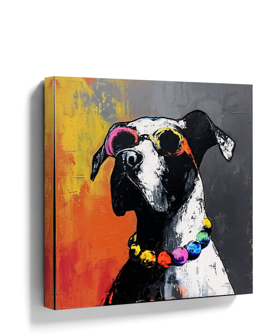 Pop art dog wearing sunglasses and a multicolor collar – canvas wall art for modern living room decor