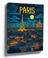 Paris at night with illuminated Eiffel Tower, blue and gold cityscape illustration wall art print