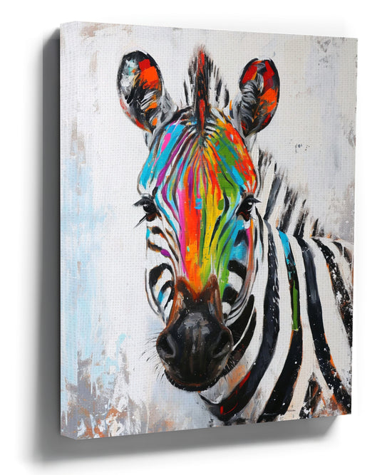 Colorful Rainbow Zebra Canvas Wall Art - Vibrant Modern Decor in a Styled Room