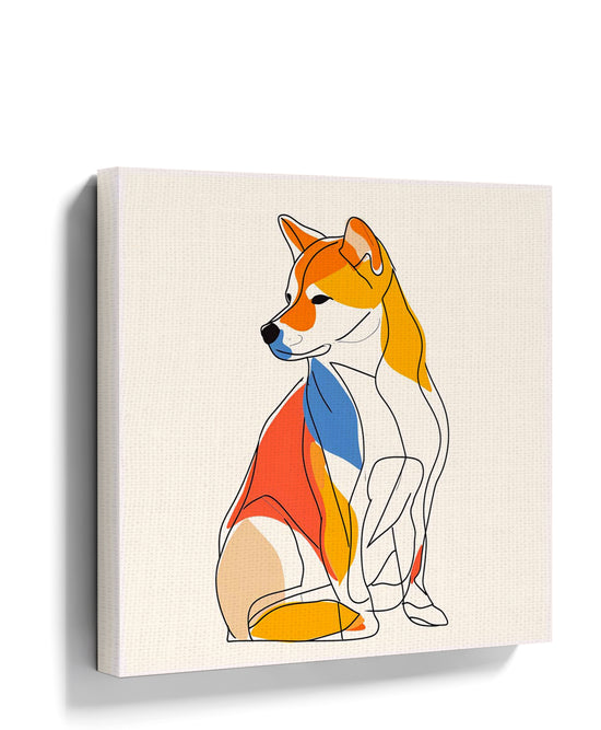 Shiba Inu line art canvas in orange, blue, red, and yellow