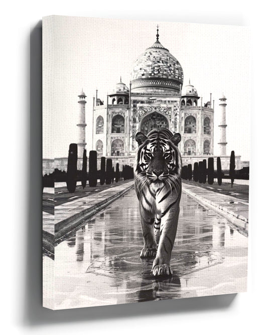 Black and white tiger at the Taj Mahal canvas print wall art