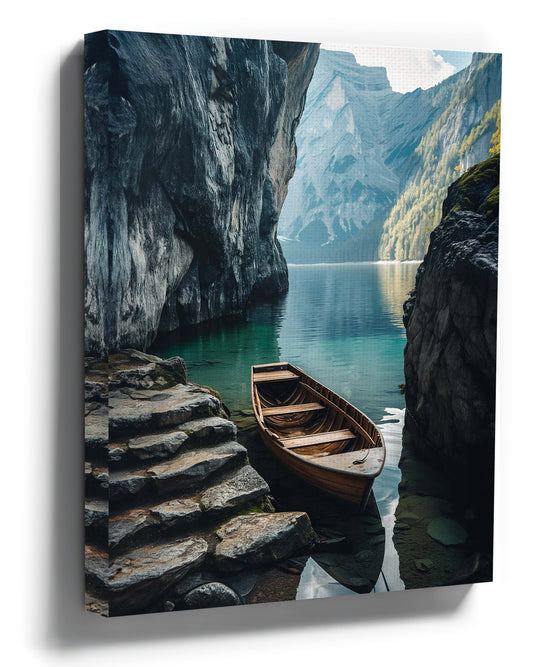 Boat on mountain lake wall art for Scandinavian bedroom decor
