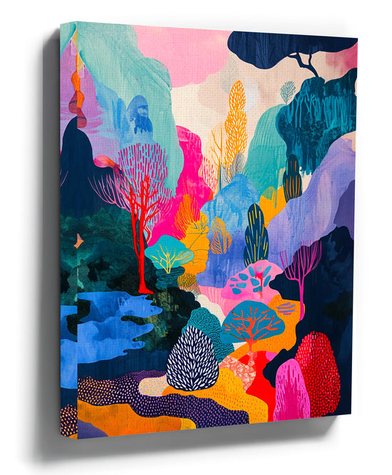 Vibrant multicolor abstract forest painting, fantasy landscape wall art