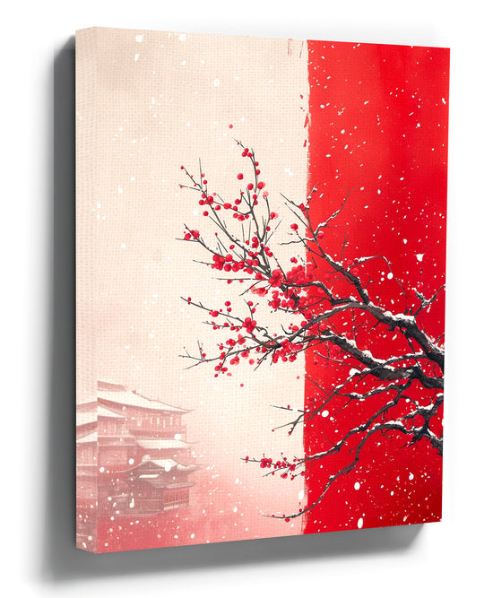 Snowy Japanese cherry blossom wall art for a minimalist living room