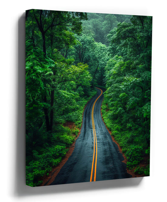 Lush forest road canvas wall art for a minimalist bedroom
