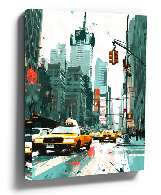 New York City yellow taxi canvas wall art in blue and orange street art style