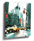 New York City yellow taxi canvas wall art in blue and orange street art style