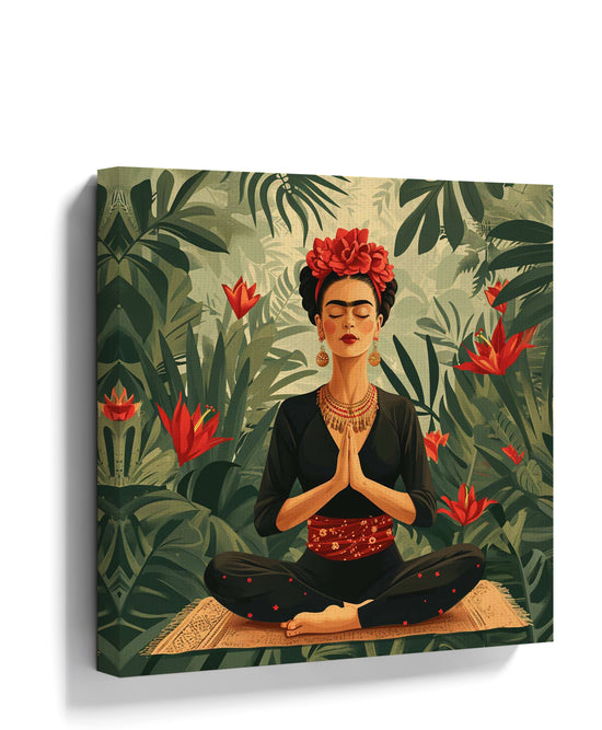 Meditating woman with flower crown, tropical canvas illustration, boho wall art