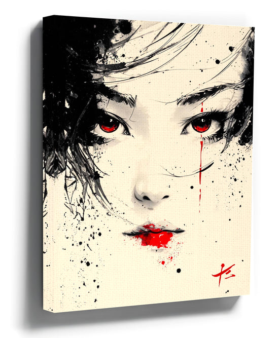 Japanese geisha portrait wall art with an intense gaze, black and red ink canvas print