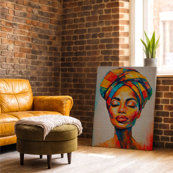 Portrait femme africaine turban tableau pour salon industriel