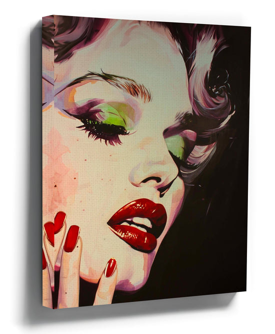 Glamorous woman portrait canvas with red lips, Hollywood-style living room wall art