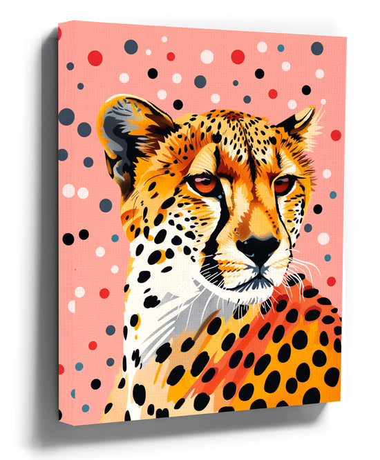 Modern chic cheetah wall art canvas with urban dot pattern in a styled interior