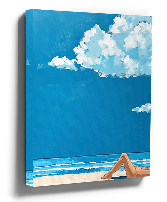 Coastal beach wall art canvas with blue ocean and sky, sun-kissed legs, minimalist living room decor