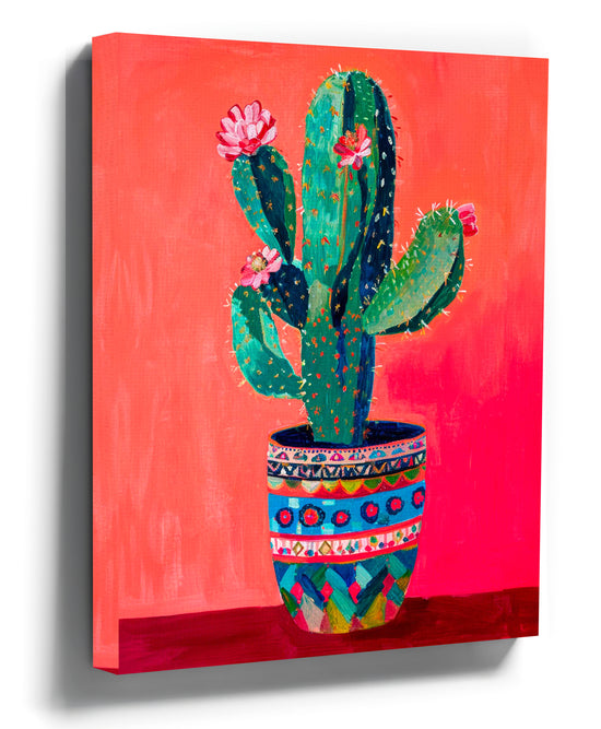 Boho cactus wall art – flowering cactus in a Mexican Talavera pot, perfect for living room decor