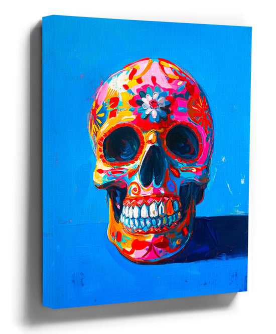 Vibrant pop art sugar skull canvas, colorful calavera wall art