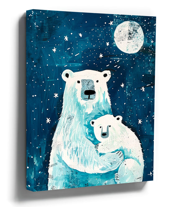 Polar bear and cub under a starry sky nursery wall art