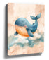 Smiling blue whale canvas print with pastel watercolor clouds - baby nursery wall art