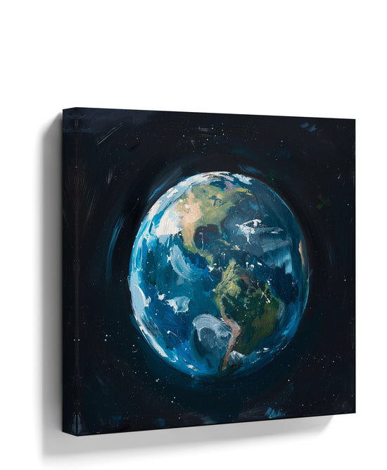 Planet Earth in space wall art, blue and green painting