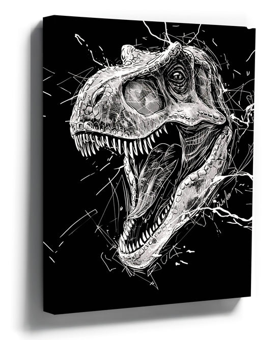 Black-and-white roaring T-Rex dinosaur canvas wall art for a minimalist kids room