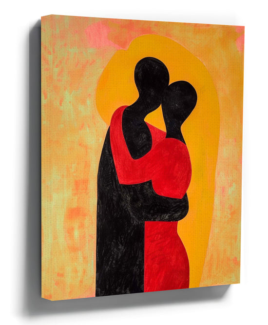 Minimalist abstract lovers canvas — red and black silhouettes on a yellow background