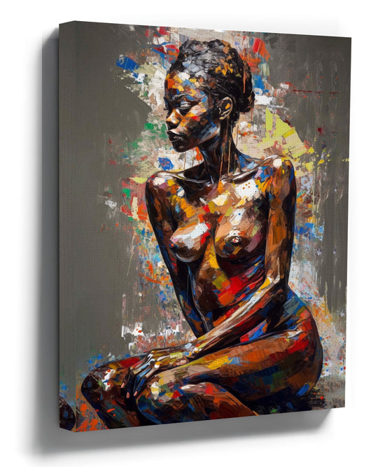 Abstract expressionist multicolor portrait painting of a nude African woman, canvas wall art