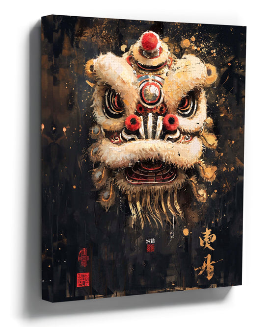 Chinese lion head canvas wall art in an industrial living room, modern Asian decor