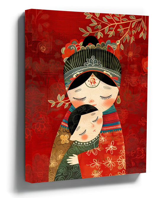 Red and gold matryoshka mother and child canvas wall art for nursery