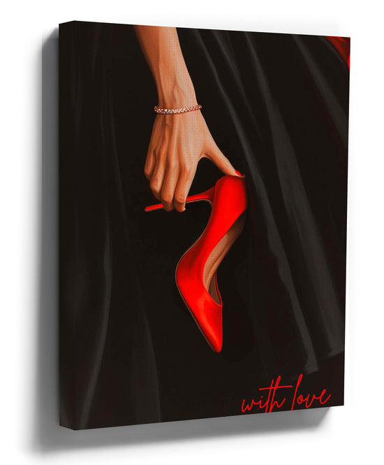 Realistic painting of a feminine hand holding a red stiletto on a black background – fashion wall art print
