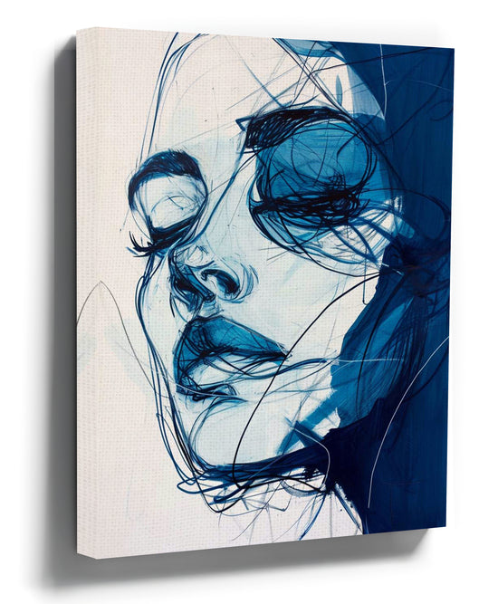 Abstract female portrait canvas print with blue ink brush strokes